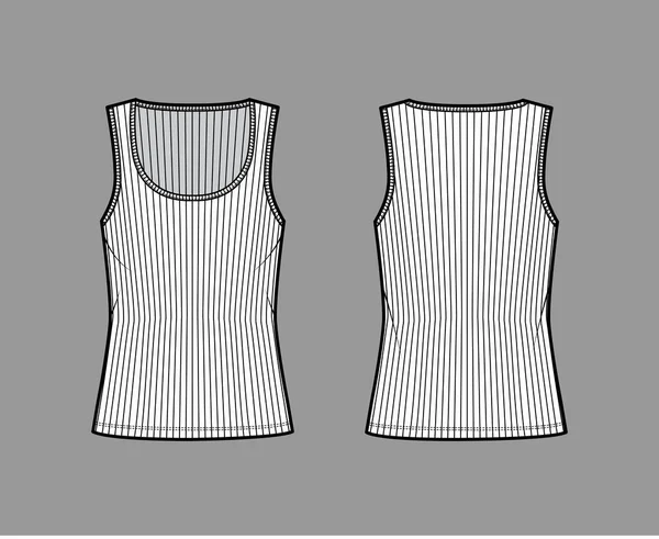 Žebrovaný bavlněný dres tank technické módní ilustrace se širokým výstřihem, uvolnit fit pletenina, délka tuniky camisole — Stockový vektor