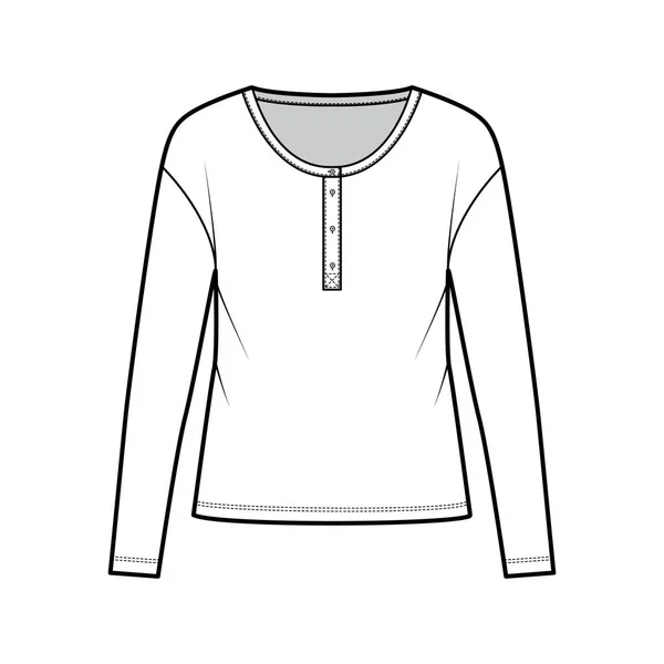 Ilustración de moda técnica superior de algodón-jersey estilo clásico para hombre con mangas largas, camisa de escote de henley con cuchara — Archivo Imágenes Vectoriales