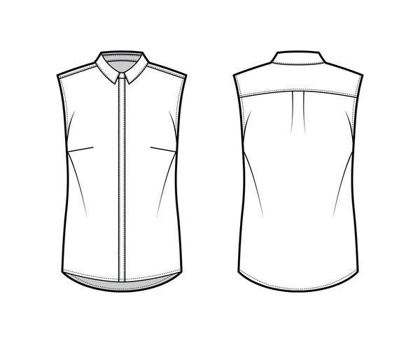 Ilustración técnica de la moda de la camisa con cuello limpio, delgado, cierre de botón oculto frontal silueta ligeramente suelta — Archivo Imágenes Vectoriales