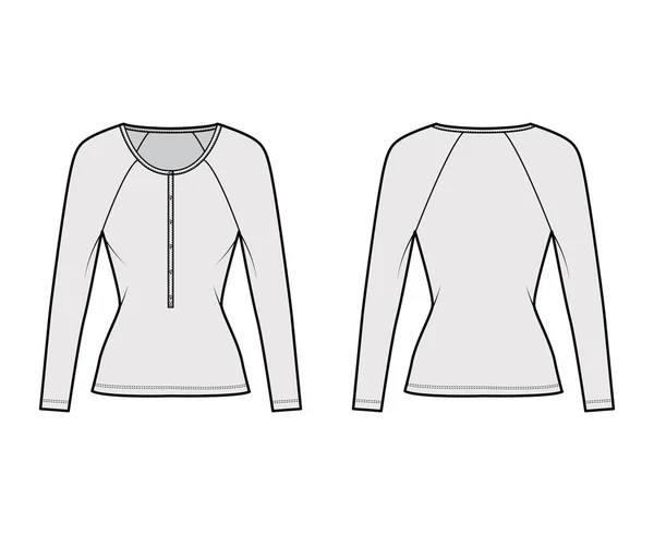 Baumwoll-Jersey Top technische Mode Illustration mit langen Raglanärmeln, schlanke Passform, Schaufel Henley Ausschnitt. Flache Kleidung — Stockvektor