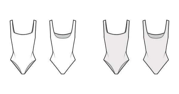 Stretch-Jersey Body technische Mode Illustration mit offenem Rücken, tiefem, quadratischen Ausschnitt. Einteilige flache Outfits — Stockvektor