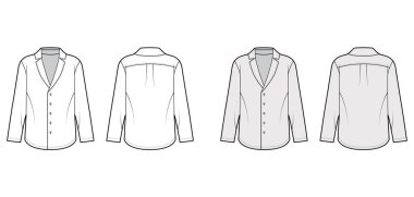 Pijama tarzı gömlek, sivri yakalı, ön düğmeli, uzun kollu, teknik tasvirler..