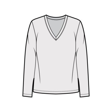 Gevşek formalı, V yakalı, uzun kollu pamuklu tişört ve teknik moda illüstrasyonları. Düz