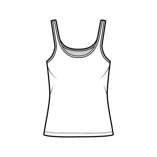 Ilustração de moda técnica de tanque de algodão-jersey com pescoço de colher, ajuste relaxado, comprimento de túnica. Camisola de roupa plana —  Vetores de Stock