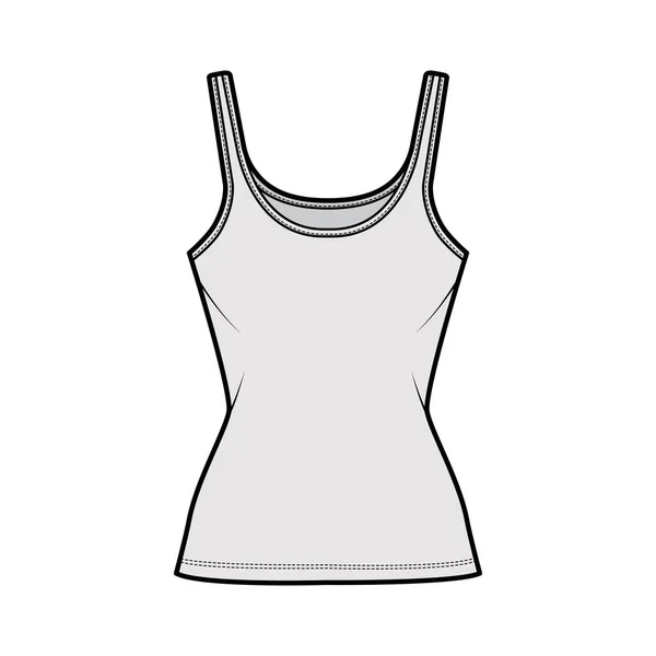 Illustrazione tecnica di moda del serbatoio di cotone-jersey con collo a paletta, vestibilità stretta, lunghezza della tunica. Abbigliamento piatto basic camisole — Vettoriale Stock