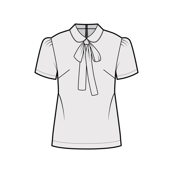 Pussy-bow blouse technical fashion illustration with Peter Pan collar, short sleeves, back button-fastening keyhole — стоковий вектор