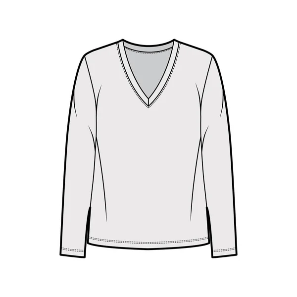 Zugeschnittenes T-Shirt aus Baumwolle-Jersey mit technischer Mode-Illustration mit entspannter Passform, tiefem V-Ausschnitt, langen Ärmeln. Flach — Stockvektor