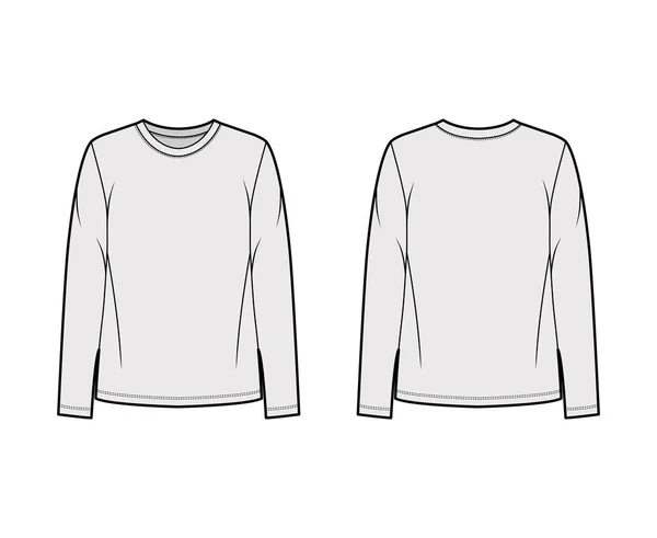 Zugeschnittenes T-Shirt aus Baumwolle-Jersey mit technischer Mode-Illustration mit entspannter Passform, Rundhalsausschnitt, langen Ärmeln. Flache Kleidung — Stockvektor