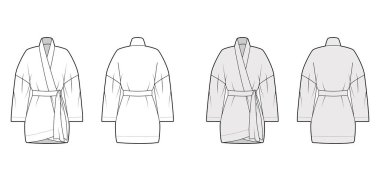 Kimono teknik tasviri, rahat formda, uzun kollu, belden yukarısına uzanan kemer.