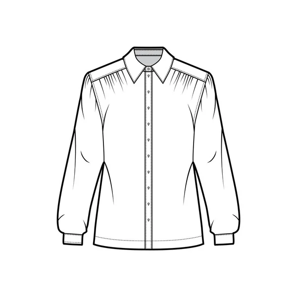 Camisa reunida ilustración técnica de moda con mangas largas con puño, cuello clásico, sujeciones de botones delanteros. — Vector de stock