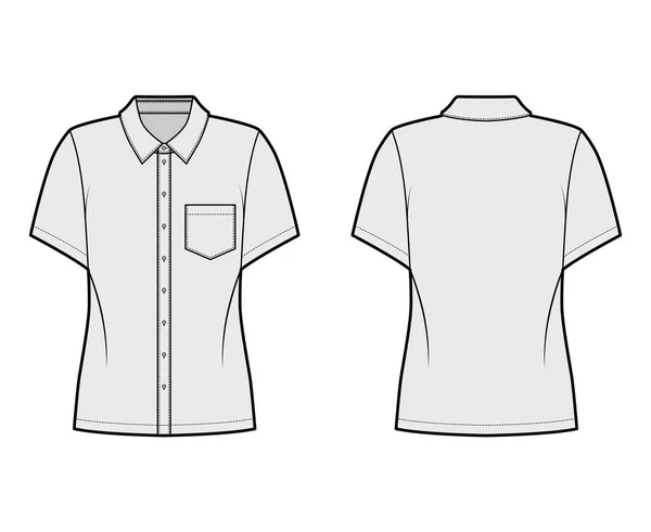 Ilustracja moda techniczna koszula z nachyloną kieszenią, krótkie rękawy, relaks fit, przedni guzik zapięcie regularne kołnierz — Wektor stockowy