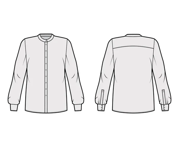 Camisa técnica de moda ilustración con cuello de mandarina redondeado, mangas largas con puño, sobredimensionado, yugo redondo trasero — Vector de stock