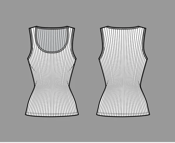 Débardeur en jersey de coton côtelé illustration de mode technique avec large col rond, maille moulante, camisole longueur tunique — Image vectorielle