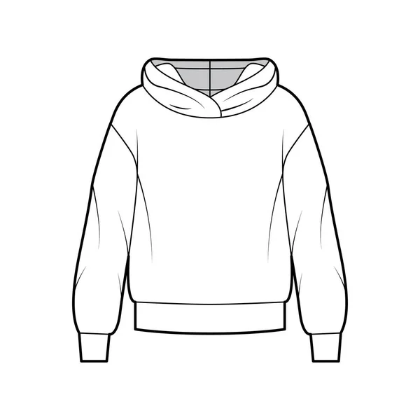 Oversized katoen-fleece hoodie technische mode illustratie met relaxte pasvorm, lange mouwen. Platte schoeisel trui — Stockvector