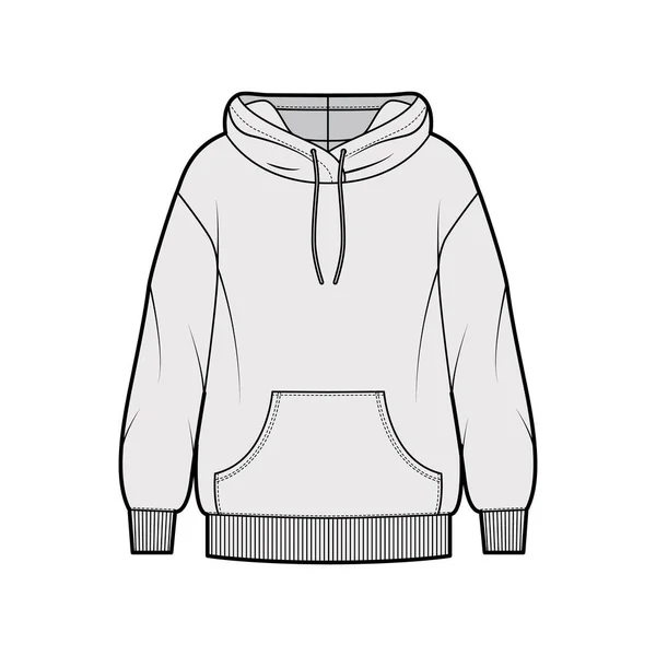 Oversized cotton-fleece hoodie technical fashion illustration with pocket, relaxed fit, long sleeves. Flat jumper — Stock Vector
