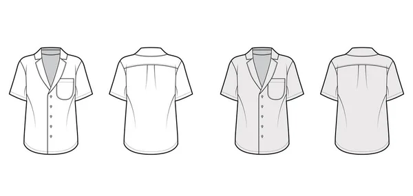 Camicia tecnica illustrazione di moda con colletto a punta, chiusura frontale con bottoni, tasca arrotondata, maniche corte. — Vettoriale Stock
