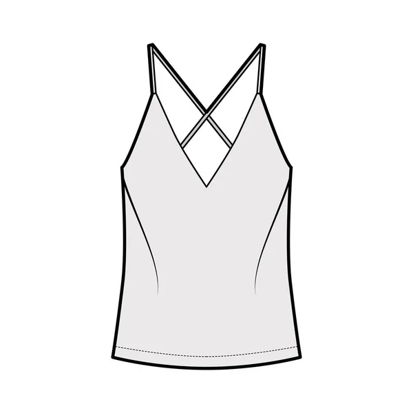 Camisole τεχνική απεικόνιση μόδας με κολακευτικό V-λαιμό, ιμάντες, χαλαρή εφαρμογή, μήκος χιτώνα. Επίπεδο outwear δεξαμενή — Διανυσματικό Αρχείο