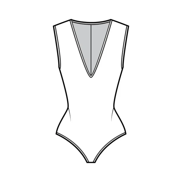 Stretch-jersey bodysuit technische mode illustratie met dompelende V-hals, beeldhouwen fit, achterrits sluiting. — Stockvector