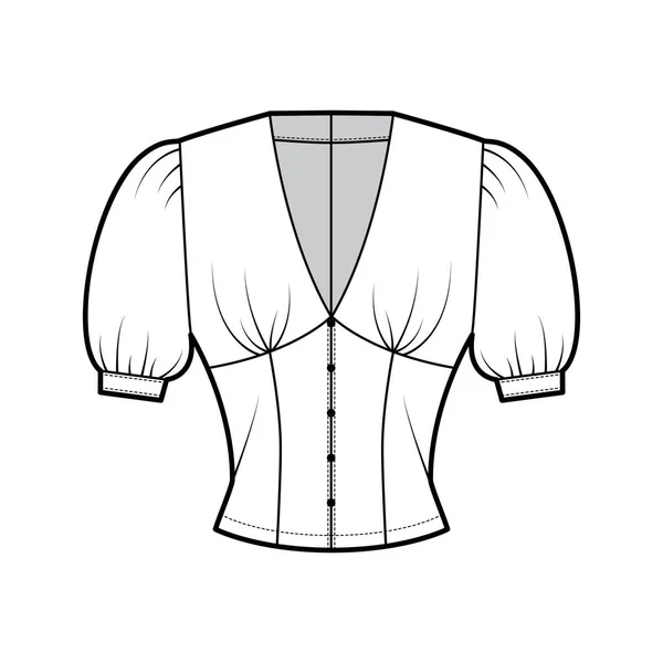 Bluse technische Mode Illustration mit mittlerem Puffärmel, tiefem V-Ausschnitt, schlanker Passform, vorderer Knopfverschluss. — Stockvektor