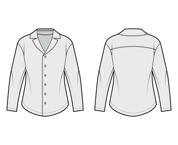 Camisa técnica de moda ilustração com silhueta relaxada, colarinho de acampamento retro, fechos de botão frontal, mangas compridas —  Vetores de Stock