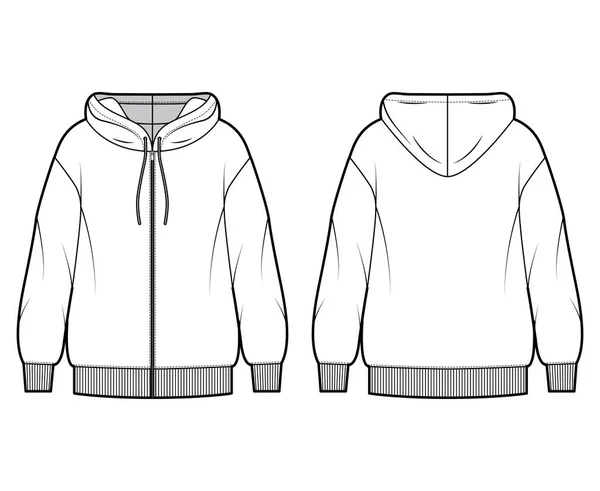 Überdimensionaler Sweatshirt mit Reißverschluss aus Baumwolle-Fleece, technische Modenabbildung mit entspannter Passform, langen Ärmeln. Flacher Pullover — Stockvektor