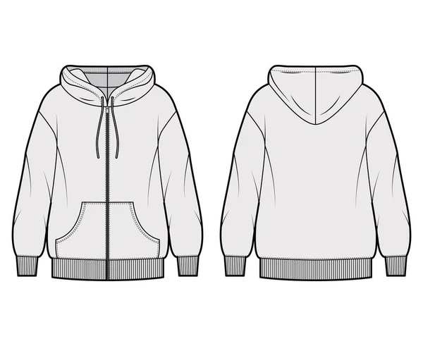 Zip-up oversized algodão-velo hoodie ilustração de moda técnica com bolso, ajuste relaxado, mangas compridas. Jumper plano — Vetor de Stock