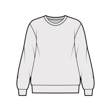 Pamuk Terry büyük beden sweatshirt, rahat formalı, yakalı, uzun kollu, teknik moda illüstrasyonu. 