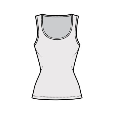 Pamuk-forma tankı teknik moda illüstrasyonu ince formalı, geniş yakalı, kolsuz. Düz giyim cami