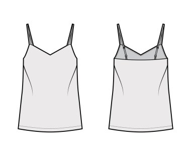 V yakalı, kayışlı, rahat formalı, tunik uzunluklu Camisole teknik tasviri. Düz giyim deposu