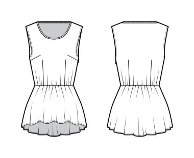 Peplum Lisesi 'nin düşük kenarlı, üst düzey teknik tasviri. Boyunsuz, kolsuz, uyumlu, fermuarlı.