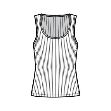 Tırtıklı pamuk-forma tankı teknik moda çizimi geniş yakalı, rahat örgü ören, tunik uzunluğunda kaşkorse