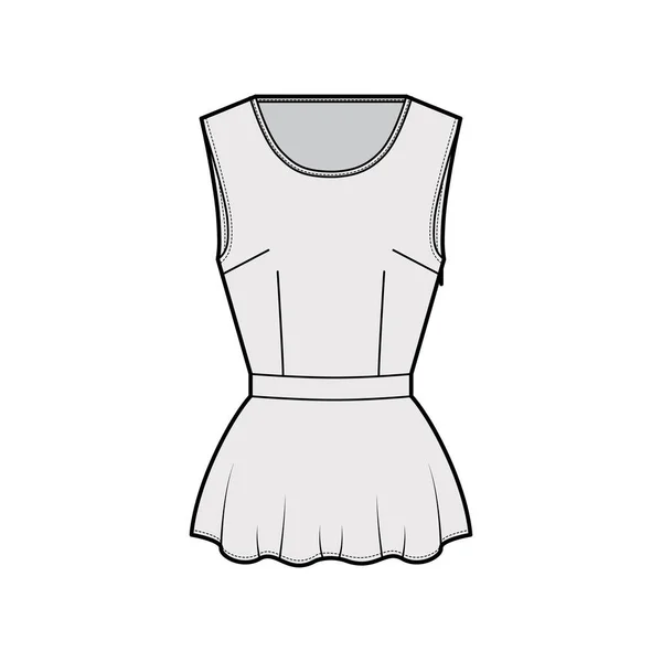 Peplum hem top illustration de mode technique avec col rond collé, sans manches, corps ajusté, fermeture éclair latérale. — Image vectorielle