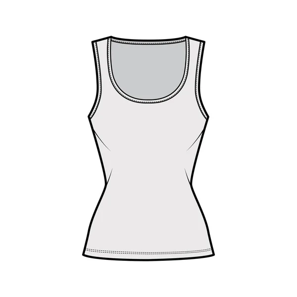 Tank aus Baumwolle-Jersey technische Modeillustration mit schlanker Passform, breitem Rundhalsausschnitt, ärmellos. Flache Unterwäsche — Stockvektor