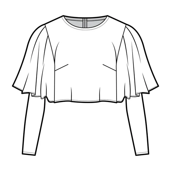 Κορυφή τεχνική απεικόνιση μόδας με κύκλο αγκώνα φωτοβολίδα και μακρύ μανίκι, oversized, πίσω κρυμμένο φερμουάρ. — Διανυσματικό Αρχείο