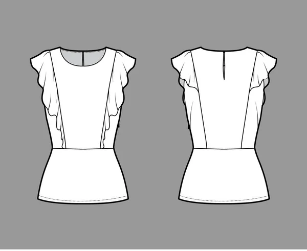 Ruffled blusa técnica moda ilustração com bainha, pescoço oval, back botão de fixação fechadura buraco, sem mangas, equipado —  Vetores de Stock