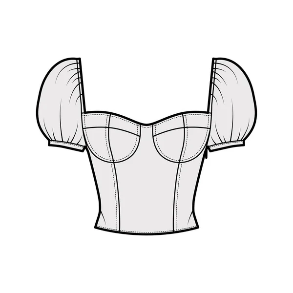 Gioiello tagliato shirred corsetto stile top illustrazione tecnica di moda con le spalle gonfie, tazze stampate, close fit — Vettoriale Stock