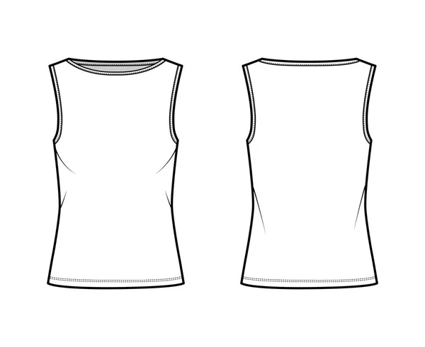 Ilustração de moda técnica de tanque de algodão-jersey com ajuste de relaxamento, decote alto, bainha alongada, sem mangas. Camisa plana — Vetor de Stock