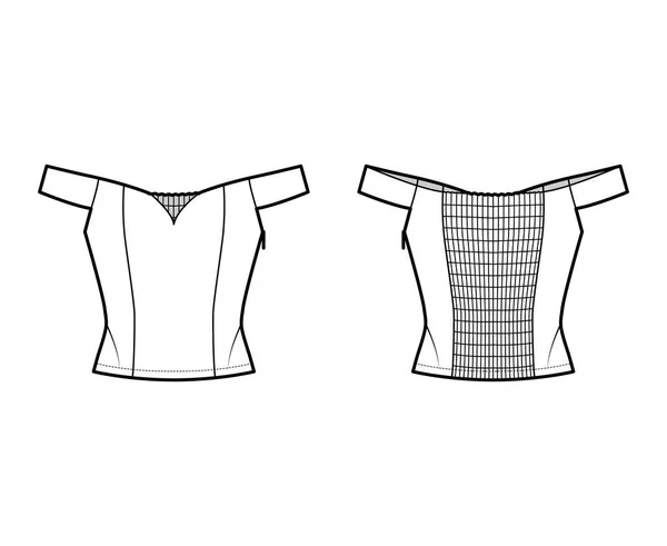 Ilustración técnica superior de la manera del shirred fuera del hombro con el escote del amor, ajuste cercano, corsé-inspirado — Vector de stock