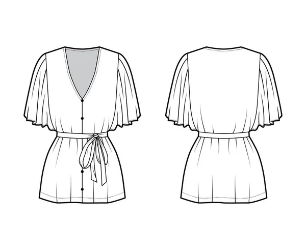 Блузка техническая мода иллюстрация с бликами круга локтя рукава, погружение V-декольте, галстук пояса в талии — стоковый вектор