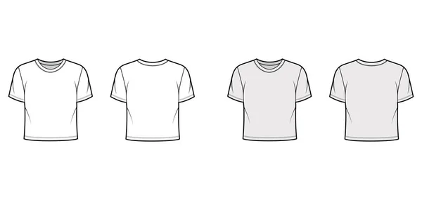 Crop βαμβακερή φανέλα t-shirt τεχνική εικόνα μόδας με χαλαρή εφαρμογή, το πλήρωμα ντεκολτέ, κοντά μανίκια. Επίπεδη — Διανυσματικό Αρχείο