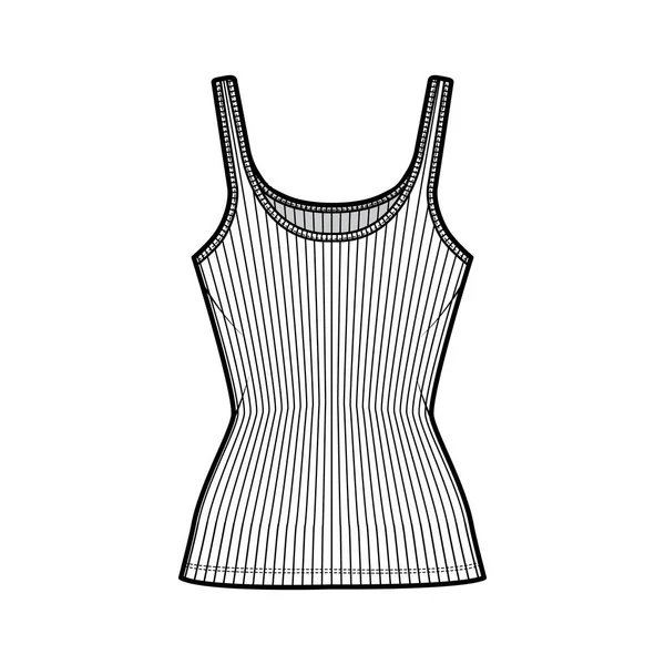 Ribbed algodón jersey tanque técnica ilustración de moda con cuello redondo, punto de ajuste cercano, longitud de la túnica. Camiseta plana — Archivo Imágenes Vectoriales