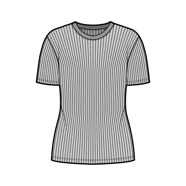 Camiseta de punto de cuello redondo acanalado ilustración técnica de moda con mangas costillas cortas, ropa de abrigo plana de cuerpo sobredimensionado — Archivo Imágenes Vectoriales
