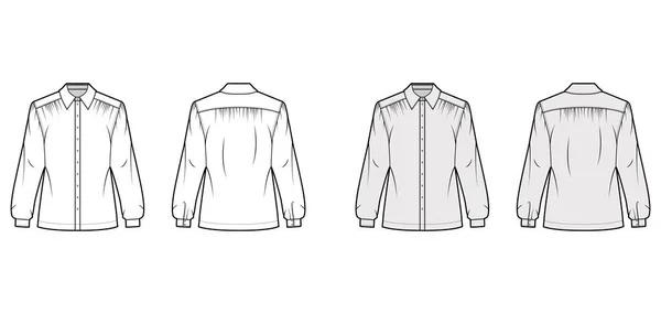 Shromážděná košile technické módní ilustrace s dlouhými rukávy s manžetou, klasický límec, zapínání předních knoflíků. — Stockový vektor