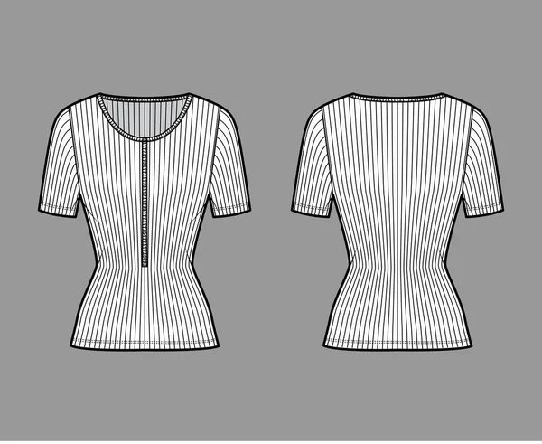 Ilustração de moda técnica superior de algodão com nervuras com mangas curtas, ajuste fino, decote de henley de colher. Camisa plana —  Vetores de Stock
