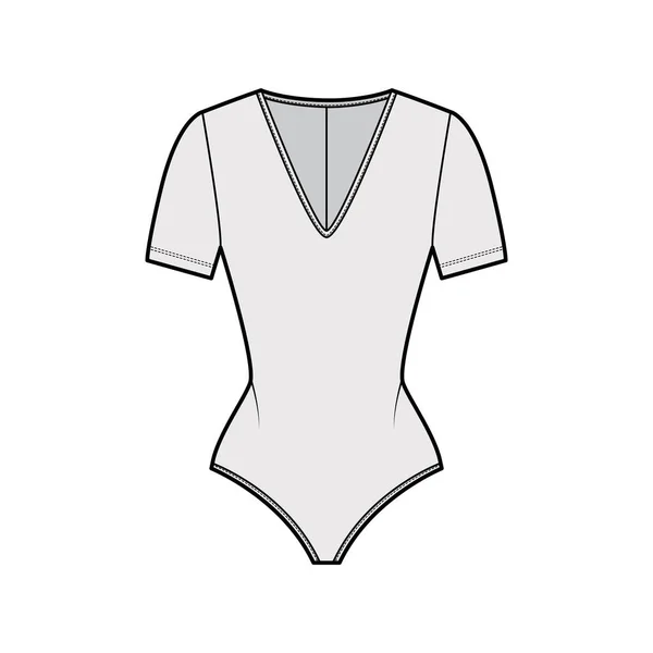 Stretch-jersey bodysuit teknisk mode illustration med störtande V-ringning, korta ärmar, tillbaka blixtlås fastsättning en bit — Stock vektor