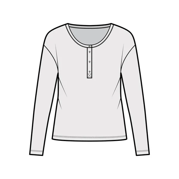 Ilustración de moda técnica superior de algodón-jersey estilo clásico para hombre con mangas largas, camisa de escote de henley con cuchara — Vector de stock