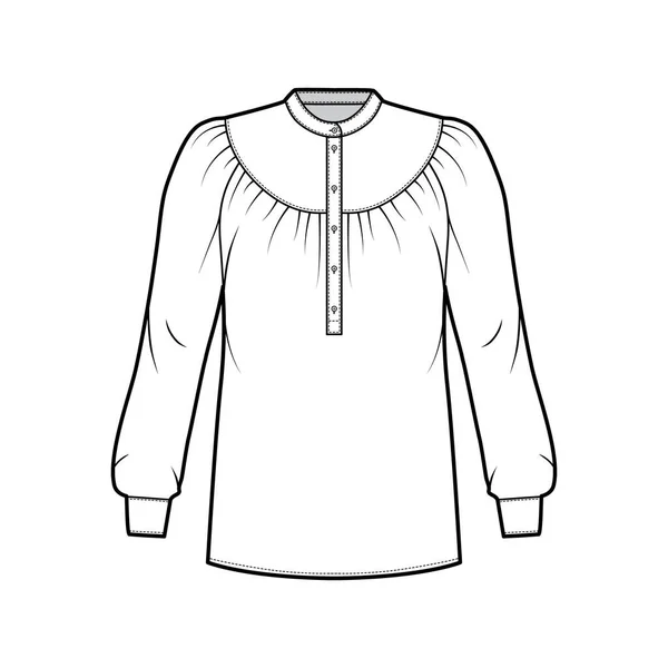 Блузка техническая мода иллюстрация с собранным ярмом, длинные рукава, изогнутый воротник мандарина, расслабленная рубашка формы — стоковый вектор