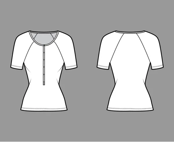 Top illustration de mode technique en jersey de coton avec manches raglan longues, coupe slim, décolleté henley scoop. Vêtements plats — Image vectorielle