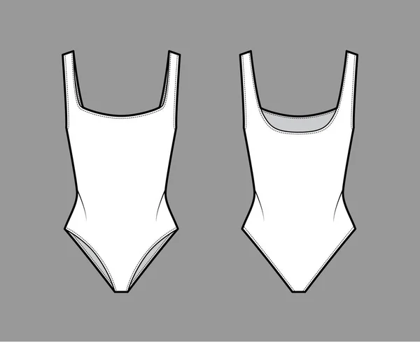 Stretch-jersey bodysuit ilustração de moda técnica com costas abertas, decote quadrado profundo. Roupa plana uma peça — Vetor de Stock