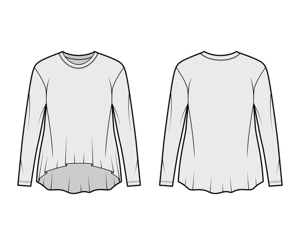 Camiseta de algodón-jersey de novio ilustración técnica de moda con escote redondo clásico, mangas largas, dobladillo alto-bajo — Vector de stock